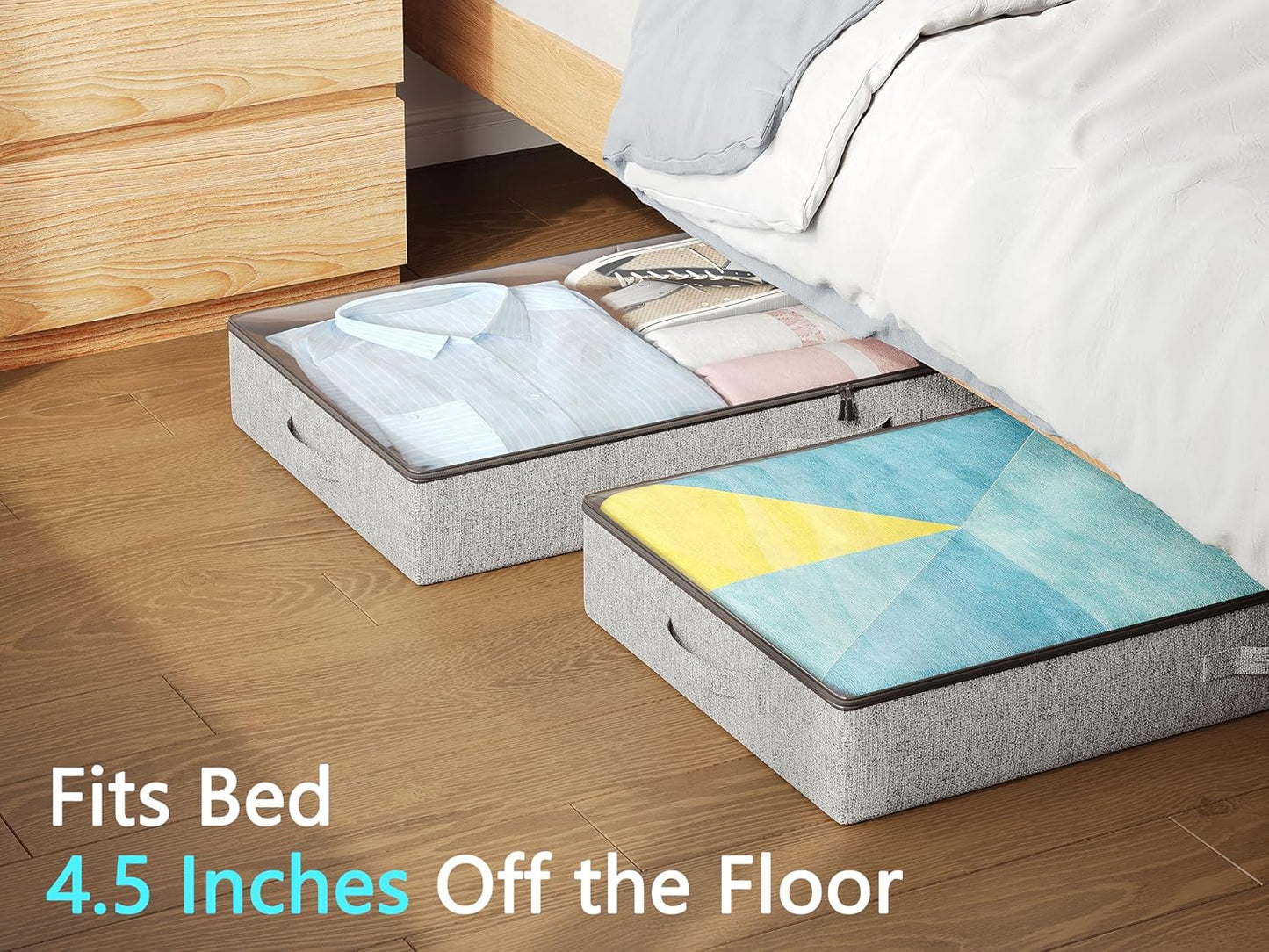 Under Bed Storage Containers 2 Pack -Underbed Storage with Plastic Cover-Organizers Bin Low Profile under Bed Storage 4.3" Thin Slim -Bedding/Rv Storage/Blanket/Shoe/Clothes Drawers