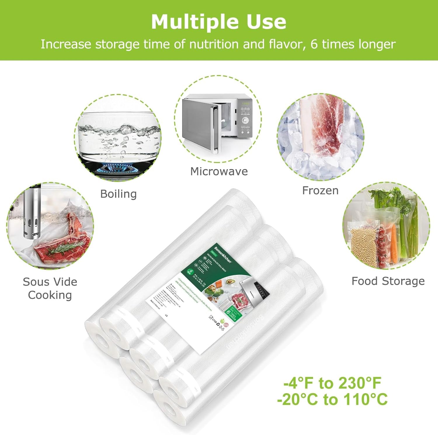 Vacuum Sealer Bags, 6 Pack 3 Rolls 11" X 20' + 3 Rolls 8" X 20' Food Sealer Bags, Food Grade, BPA Free, Customized Size Vcuum Bag for Vac Storage, Meal Prep or Sous Vide Cooking, VB3211