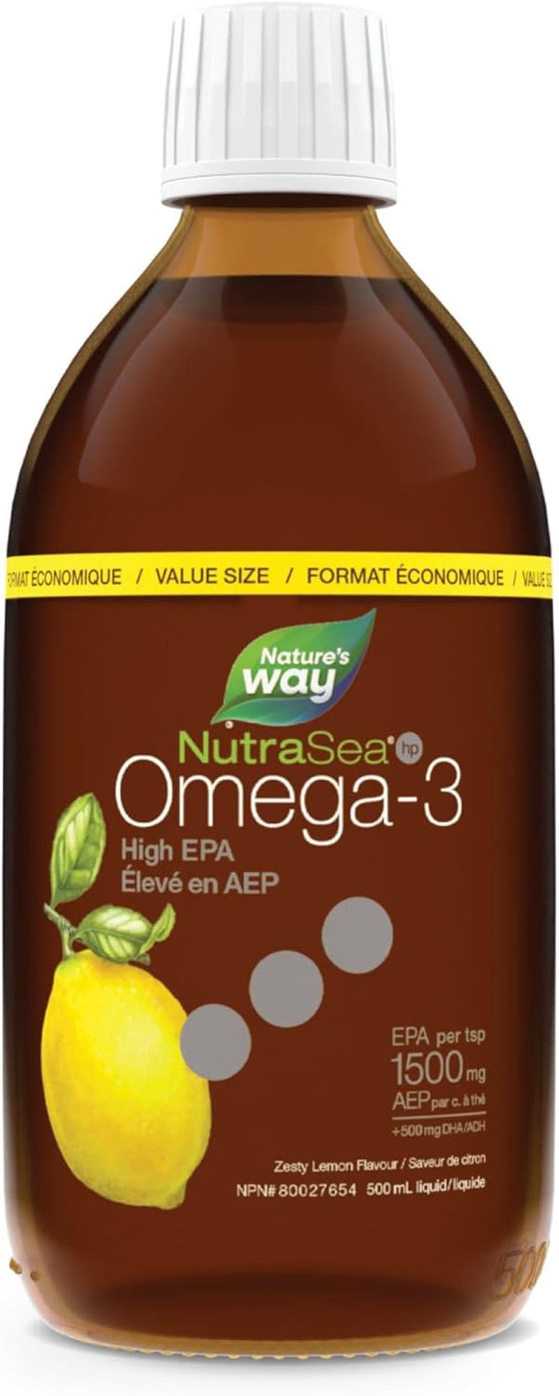 Nature'S Way  Hp Omega-3 High EPA – Omega-3 Supplement with Zesty Lemon Flavour – EPA and DHA Fish Oil – Support Healthy Heart and Brain Function in Kids and Adults, 500 Ml Liquid