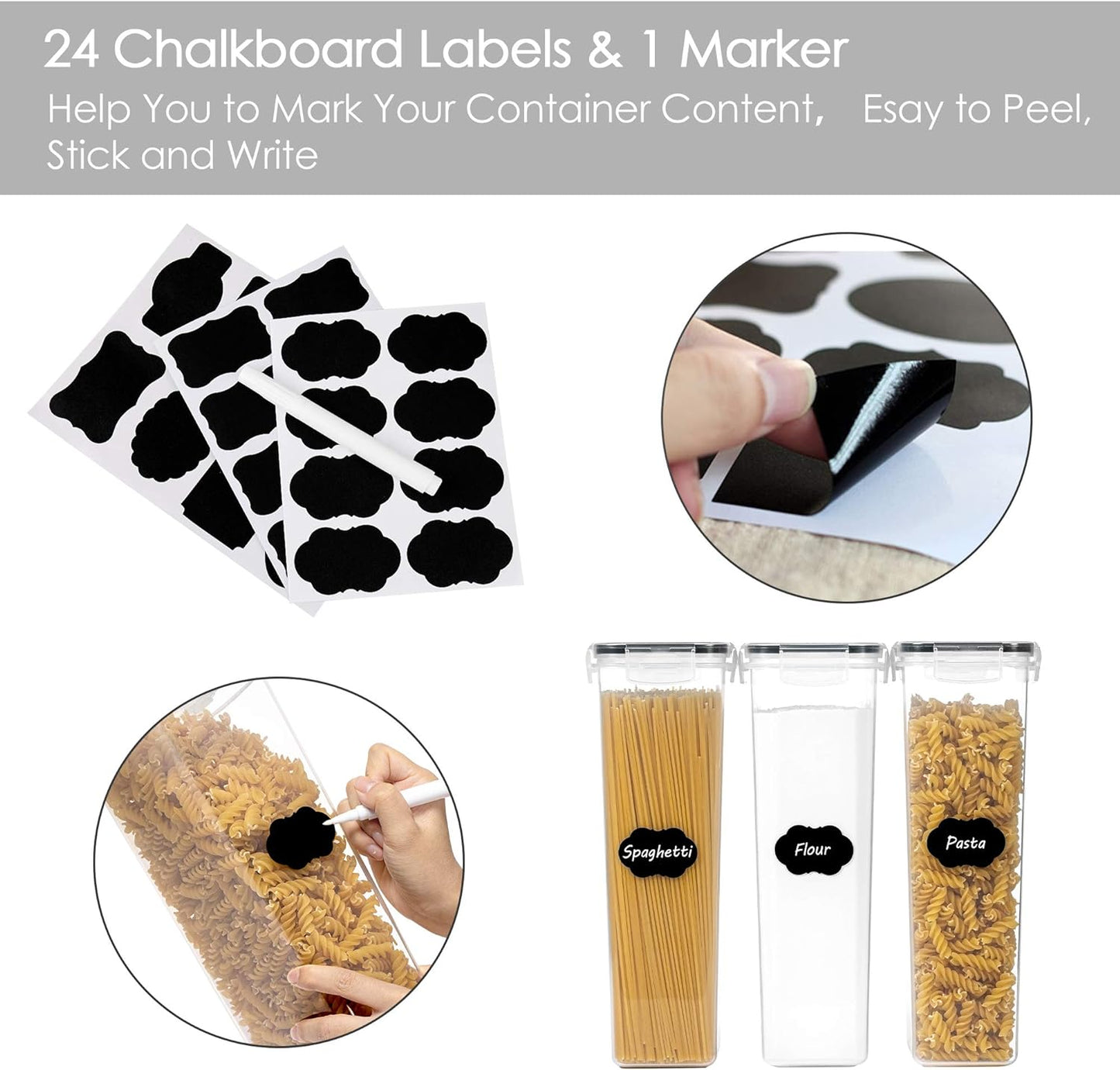 Airtight Food Storage Containers with Lids, 4 PCS 2.8L Pasta Containers for Pantry Organization and Storage, Kitchen Organization for Spaghetti, Flour, Sugar and Noodles, Black