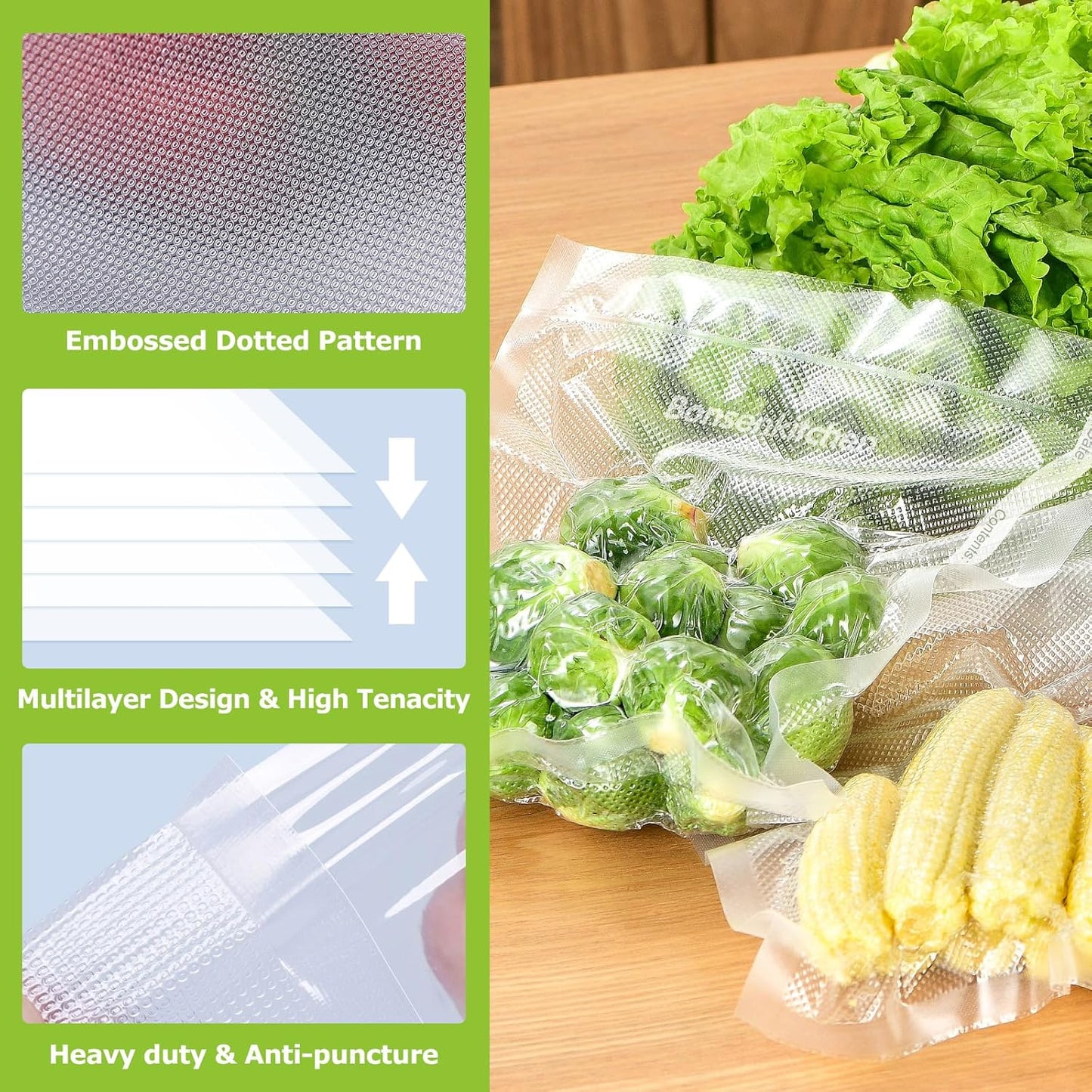 Vacuum Sealer Bags, 6 Pack 3 Rolls 11" X 20' + 3 Rolls 8" X 20' Food Sealer Bags, Food Grade, BPA Free, Customized Size Vcuum Bag for Vac Storage, Meal Prep or Sous Vide Cooking, VB3211