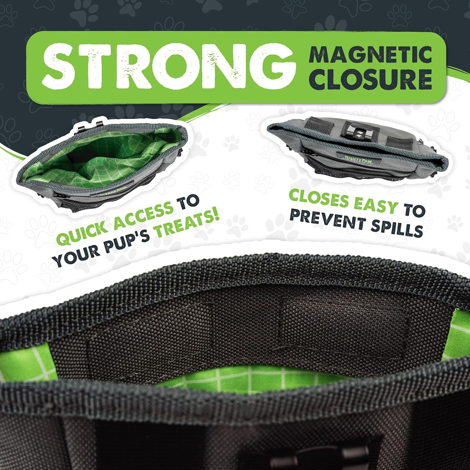 Dog Treat Pouch 2.0 | Pet Training Hands-Free Snack Bag W/Strap. Holds 2 Cups Kibble, Phone & Keys. Magnetic Clasp & Waist Belt Clip. Includes 1 Roll of Poop Bags (Green/Grey)