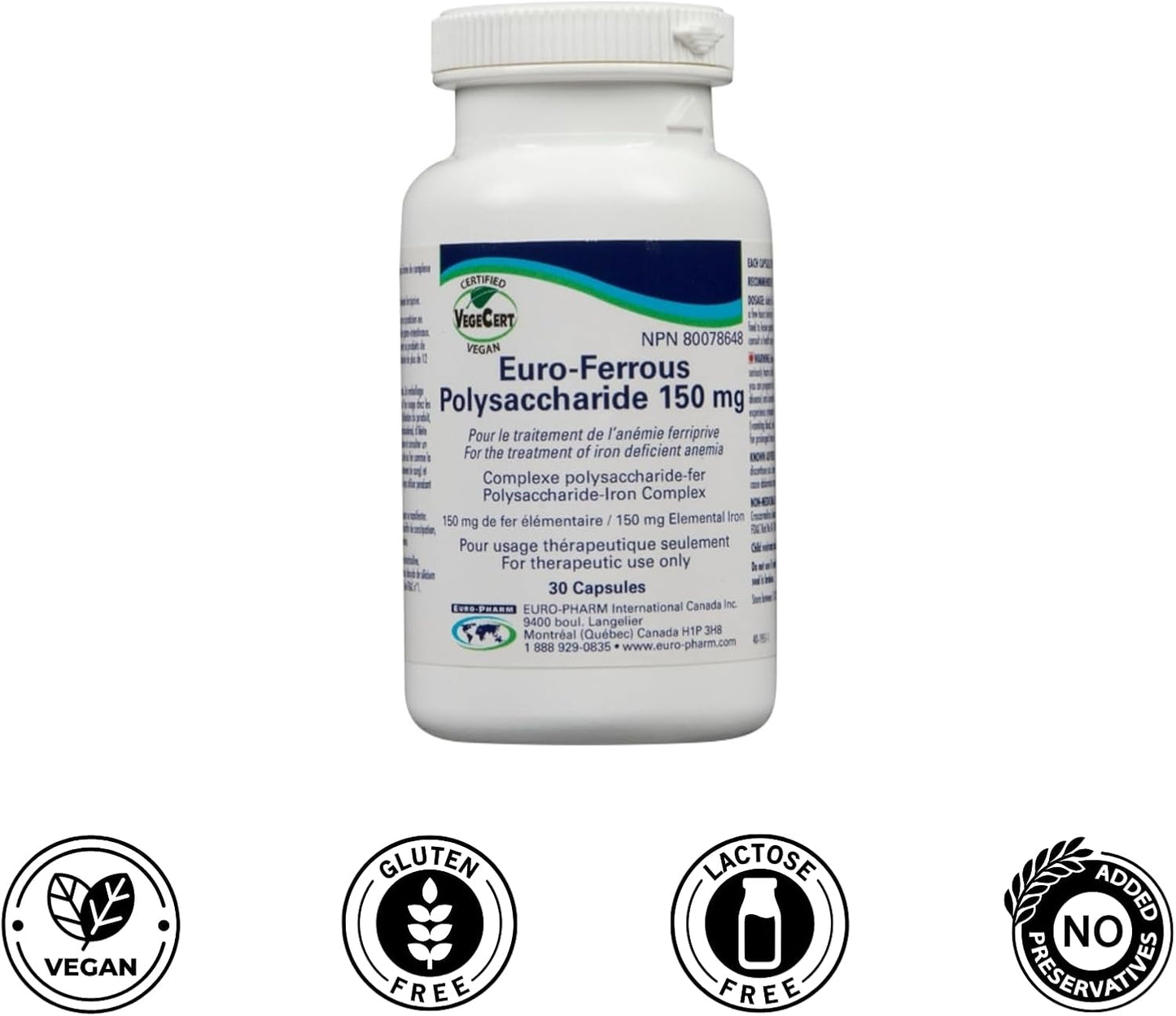 Premium Euro-Ferrous Polysaccharide 150Mg - 30 Vegan Capsules for Enhanced Iron Absorption, Once Daily for Iron Deficiency Anemia