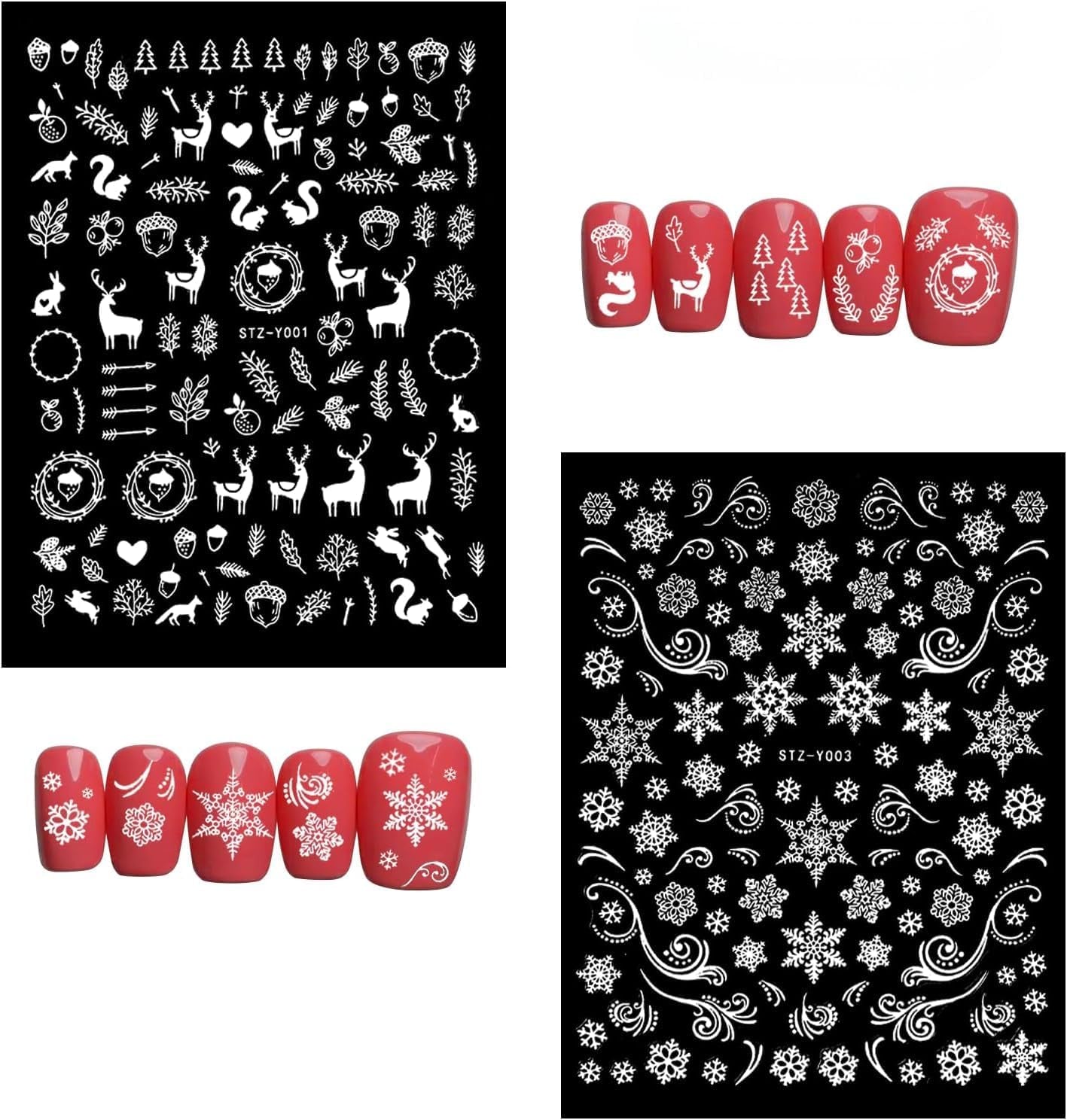 Christmas Nail Art Stickers, Decals-Embossed Snowflakes Stickers White Glitter Self Adhesive Decals-Winter Silver Supplies Nail Art Decoration (Fluorescence-C-6P)