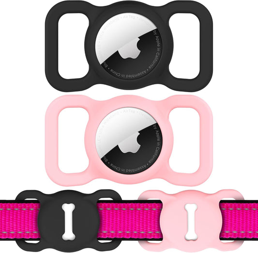 [2 Pack] for Airtag Dog Collar Holder, Air Tag Protective Cat Airtag Dog Collar,Silicone Airtags GPS Tracking Accessories,Air Tags with Bone Pattern(Black/Pink)