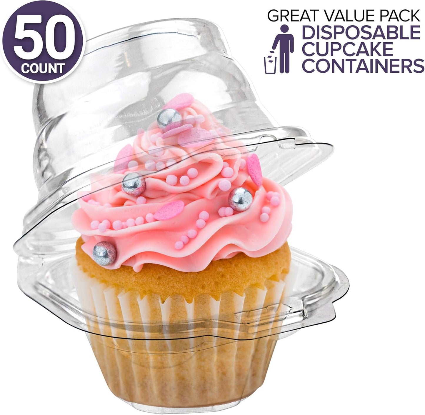 Individual Plastic Cupcake Containers Disposable with Connected Airtight Dome Lid (50 Count) Clear Single Cupcake Holder Carrier Boxes, BPA Free