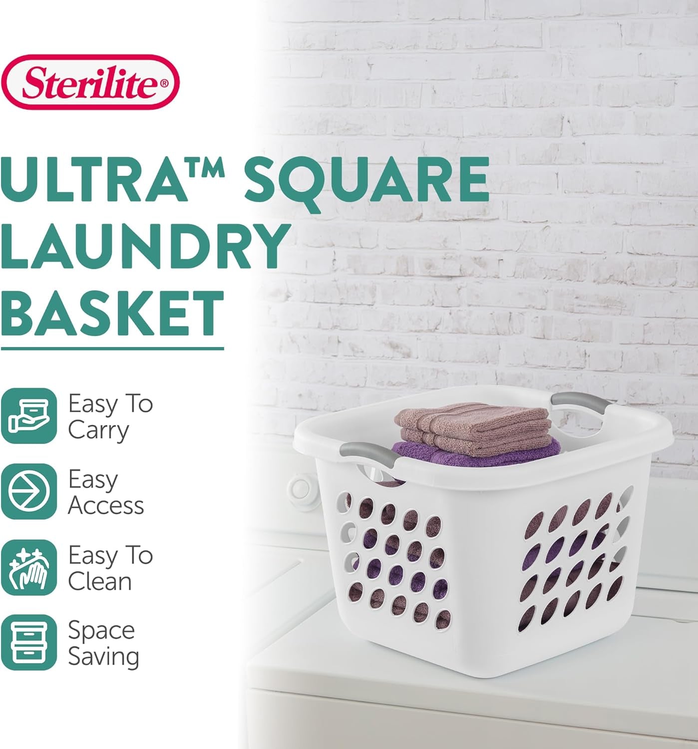 6 Pack Square Laundry Basket, Sturdy Plastic Clothes Hamper, 1.5 Bushel, White - Dirty Clothing Storage Organizer with Handles for Bedroom, Bathroom, and Closet