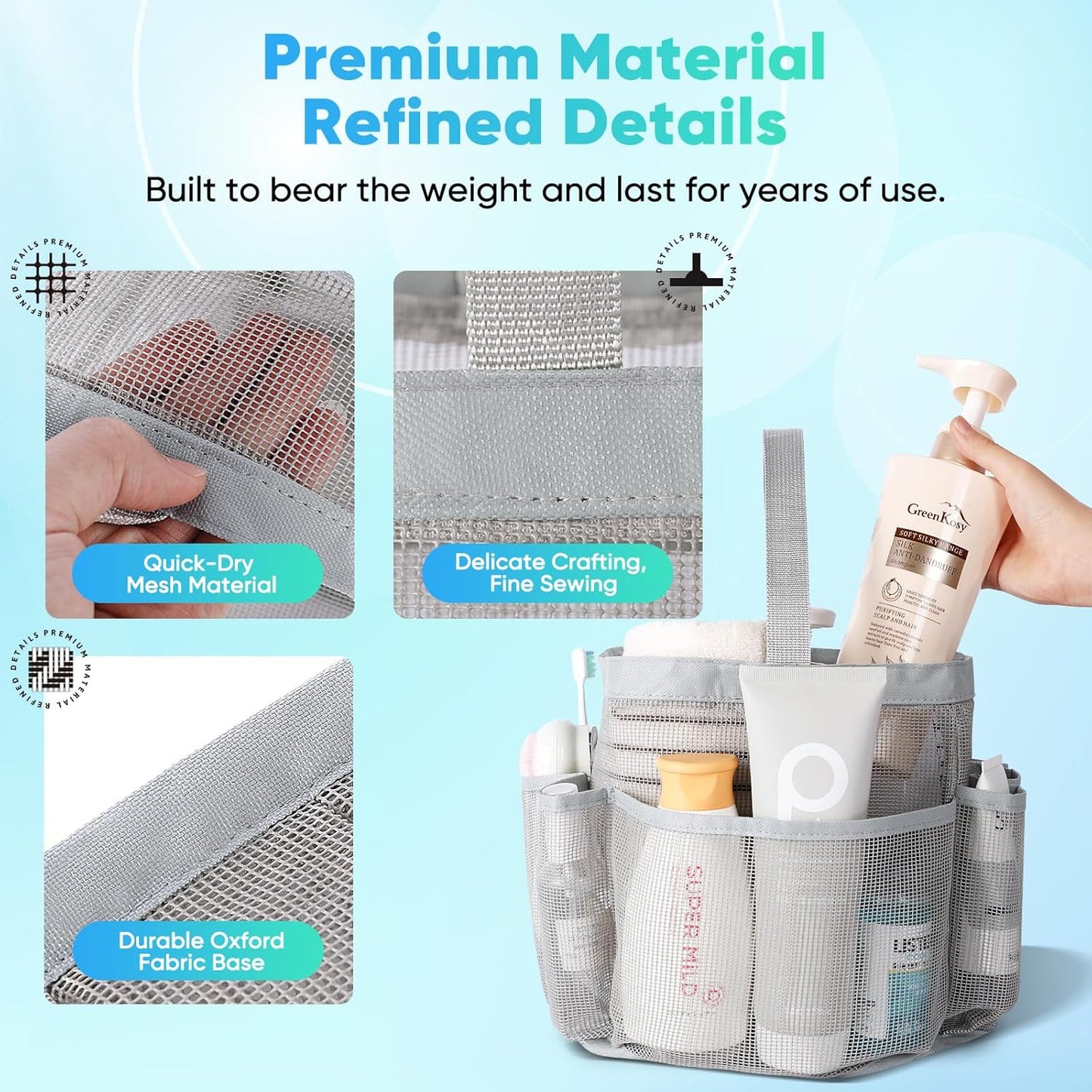 2 Pack Mesh Shower Caddy Portable for College Dorm Room Essentials, Shower Caddy Dorm with 8-Pocket Large Capacity,Shower Bag for Beach,Swimming,Gym