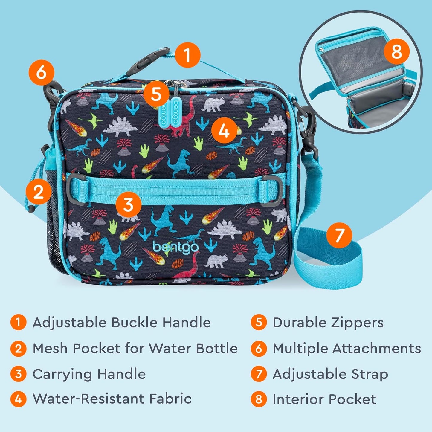 Kids Prints Lunch Bag - Double Insulated, Durable, Water-Resistant Fabric with Interior and Exterior Zippered Pockets and External Bottle Holder- Ideal for Children of All Ages (Dinosaur)