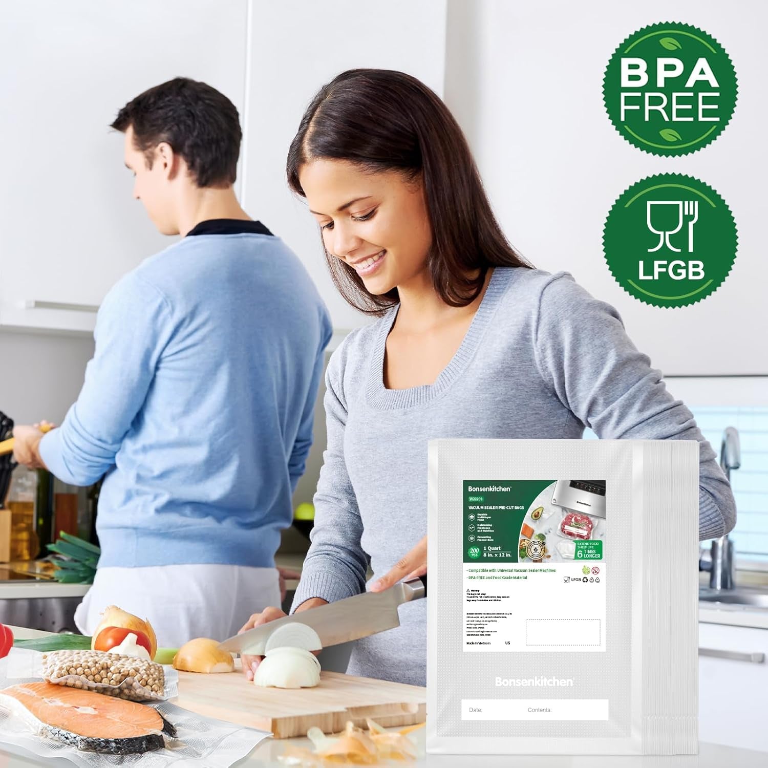 Vacuum Food Sealer Bags 200 Quart 8" X 12", BPA Free, Commercial Grade Textured Food Vacuum Sealer Bag, Thick Embossed Bags for Food Storage and Sous Vide Cooking VB3208