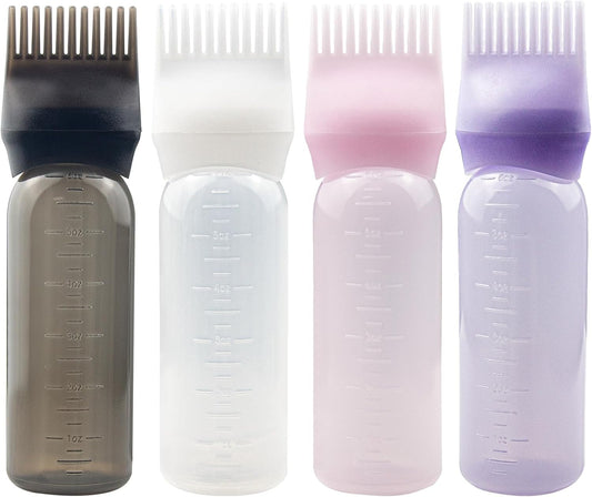 4 PCS Root Comb Applicator Bottle,Hair Oiling Applicator,Hair Oil Applicator Bottle for Hair Dye Shampoos Hair Salons.6Oz (Black+White+Pink+Purple)