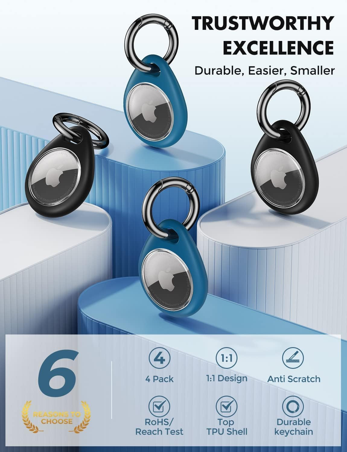 Holder for Apple Airtag - 4 Pack [Fit Tightly Design] [Easy to Install] [Hold Air Tag Securely] Waterproof TPU Shell Protective Case with All Metal Keychain Key Ring Clip