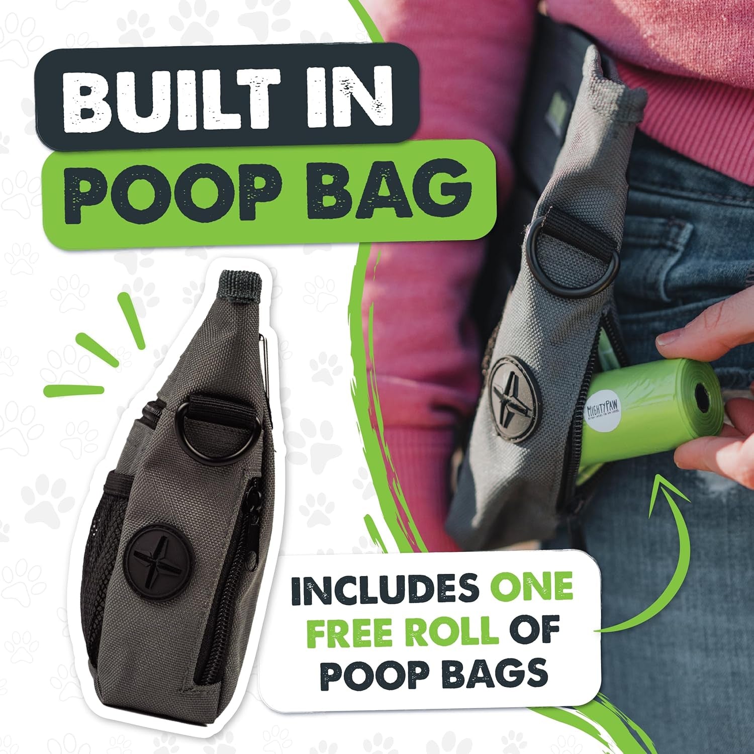 Dog Treat Pouch 2.0 | Pet Training Hands-Free Snack Bag W/Strap. Holds 2 Cups Kibble, Phone & Keys. Magnetic Clasp & Waist Belt Clip. Includes 1 Roll of Poop Bags (Green/Grey)