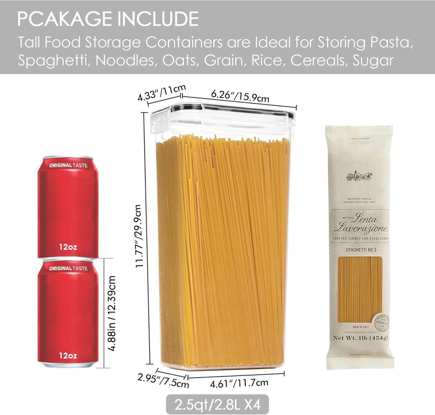 Airtight Food Storage Containers with Lids, 4 PCS 2.8L Pasta Containers for Pantry Organization and Storage, Kitchen Organization for Spaghetti, Flour, Sugar and Noodles, Black