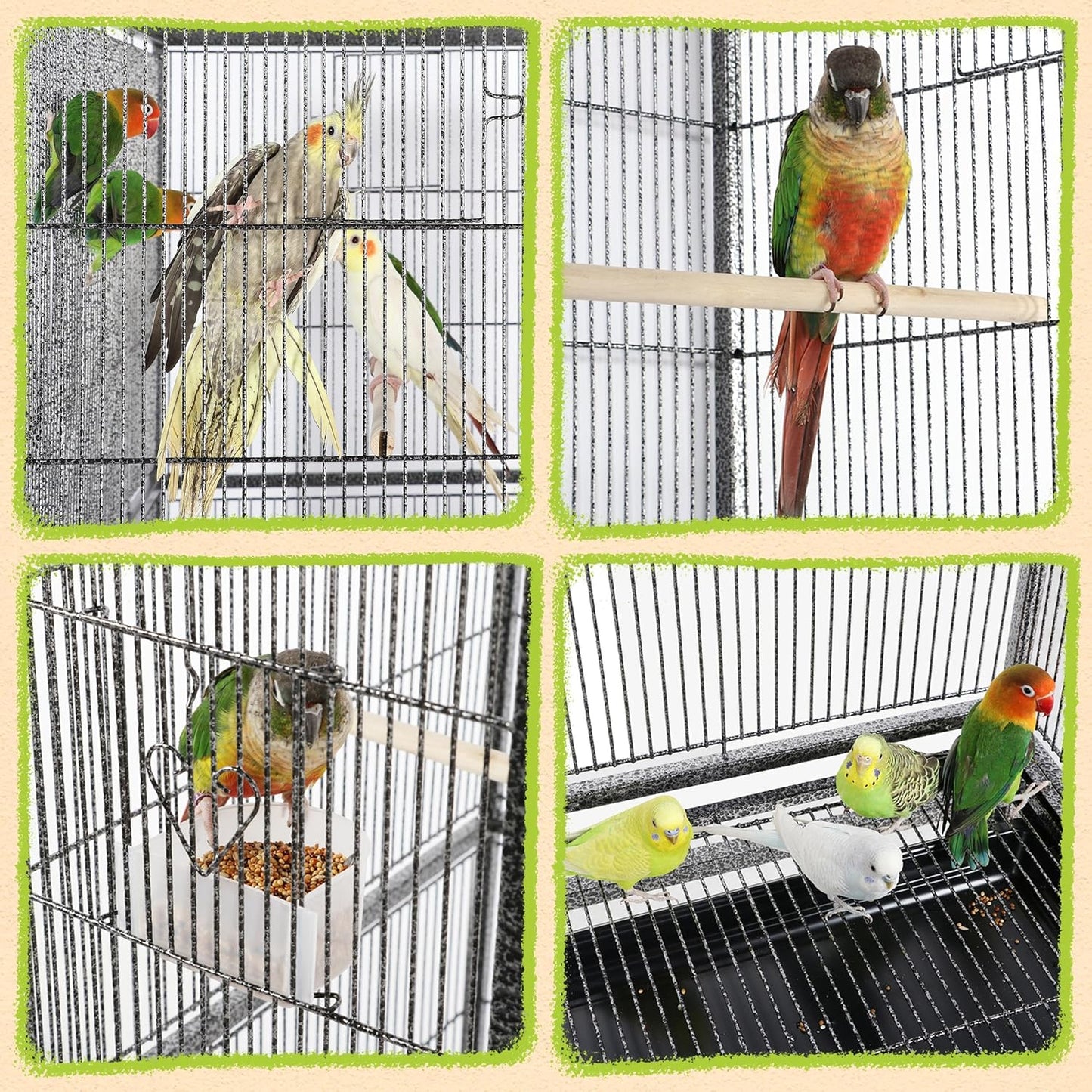 63-Inch Wrought Iron Rolling Large Bird Cage for African Grey Small Quaker Amazon Parrots Cockatiels Sun Parakeet Green Cheek Conure Lovebird Budgie Finch Canary Bird Flight Cage with Stand