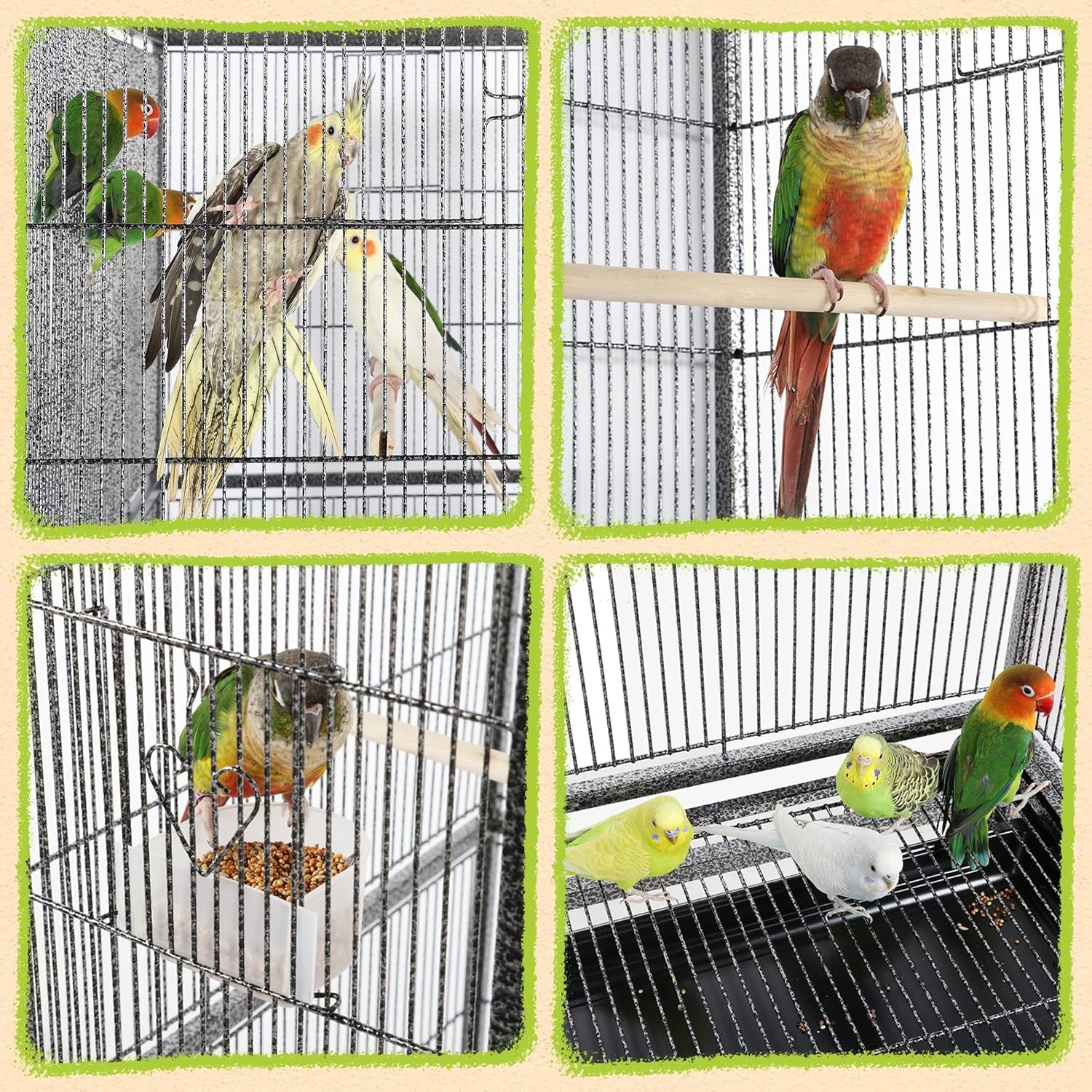 63-Inch Wrought Iron Rolling Large Bird Cage for African Grey Small Quaker Amazon Parrots Cockatiels Sun Parakeet Green Cheek Conure Lovebird Budgie Finch Canary Bird Flight Cage with Stand
