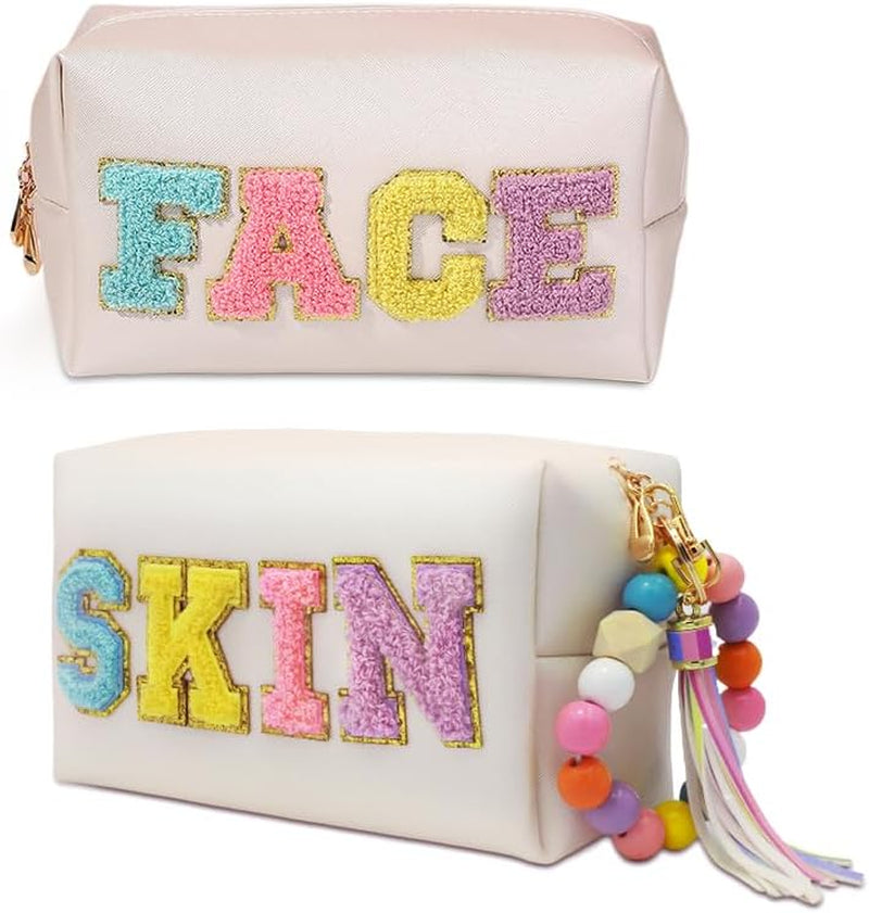 2 Preppy Patch Makeup Bag Chenille Letters Cosmetic Bag Personalized Initial Cute Face Skin Pu Leather Portable Waterproof Toiletry Bag with 1Silicone Keychain Travel Make up Bag for Women Teen Girls