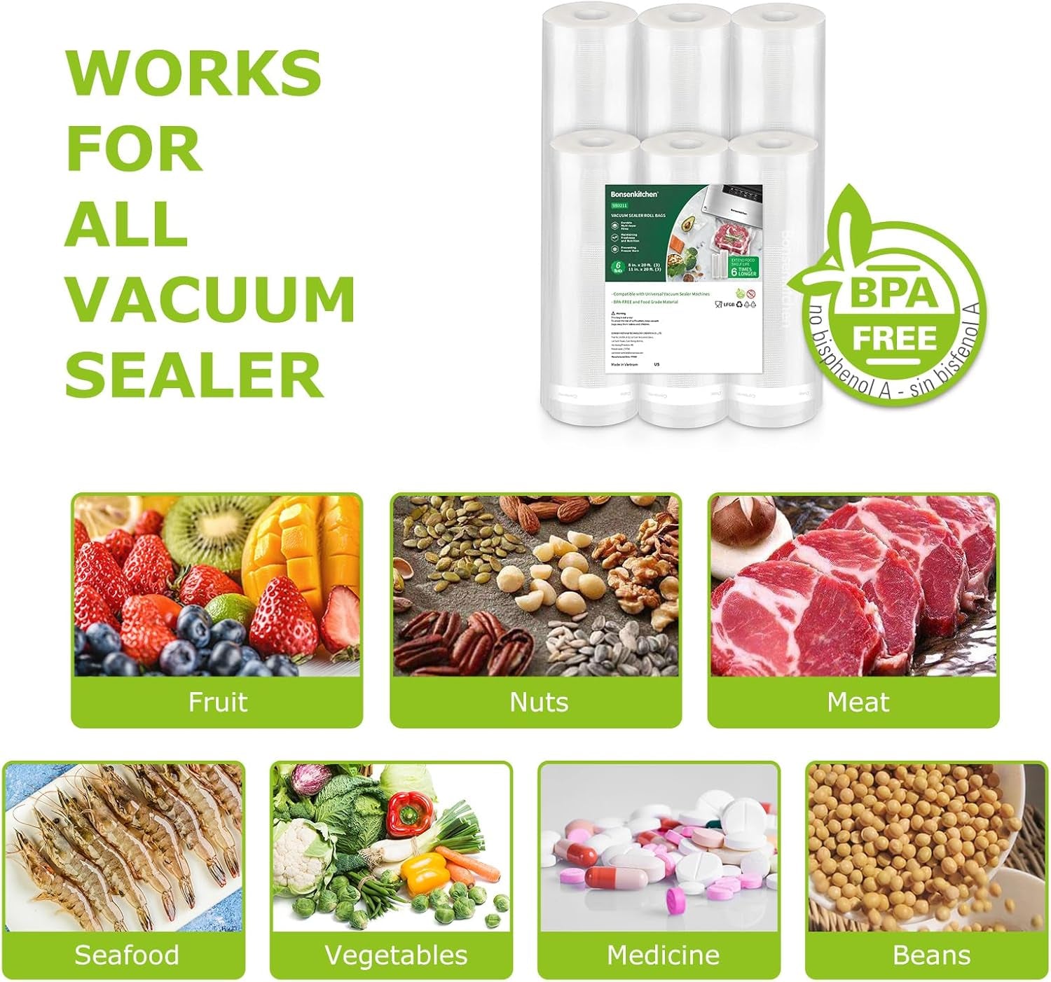 Vacuum Sealer Bags, 6 Pack 3 Rolls 11" X 20' + 3 Rolls 8" X 20' Food Sealer Bags, Food Grade, BPA Free, Customized Size Vcuum Bag for Vac Storage, Meal Prep or Sous Vide Cooking, VB3211