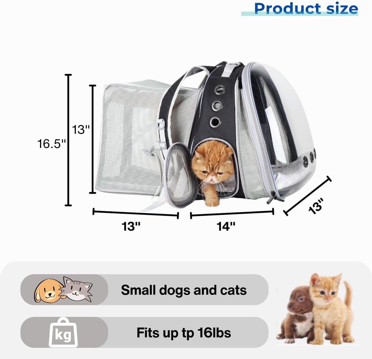 Cat Carrier Backpack, Bubble Dual Expandable Backpack Carrier, Pets and Small Dogs,Airline-Approved, Designed for Travel, Hiking, Walking & Outdoor Use (Dual Expandable-Black)