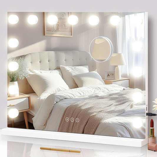 Vanity Mirror with Lights Lighted Makeup Mirror with 15 Dimmable LED Bulbs,3 Color Lighting Modes,Usb Charging Port Touch Control,Sturdy Metal Frame Design 24X18 Inch,White