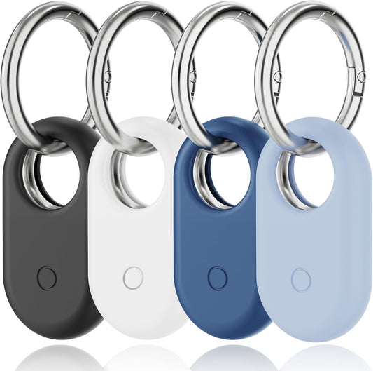 [4 Pack] Compatible for Samsung Smart Tag 2 with Keychain, Silicone Case for Samsung Galaxy Smarttag, Shockproof, Anti-Scratch for Backpacks, Pet, Car Keys, Luggage(Black/White/Light Blue/Dark Blue)