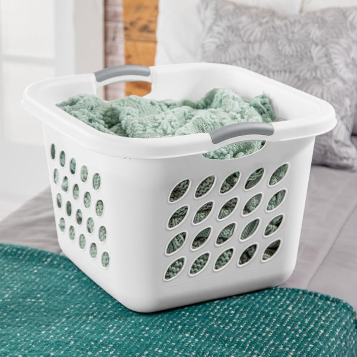 6 Pack Square Laundry Basket, Sturdy Plastic Clothes Hamper, 1.5 Bushel, White - Dirty Clothing Storage Organizer with Handles for Bedroom, Bathroom, and Closet