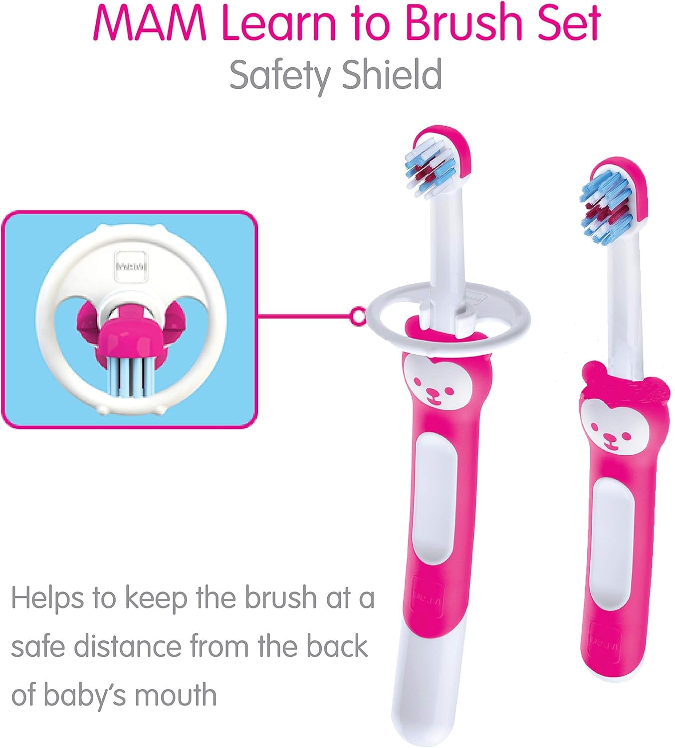 Learn to Brush Set (1 Baby'S Brush Toothbrush, 1 Training Brush, 1 Safety Shield), Baby Toothbrushes with Brushy the Bear, Interactive App, for Girls 5+ Months, Pink