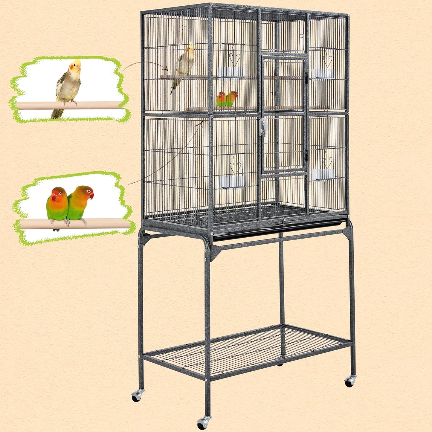 63-Inch Wrought Iron Rolling Large Bird Cage for African Grey Small Quaker Amazon Parrots Cockatiels Sun Parakeet Green Cheek Conure Lovebird Budgie Finch Canary Bird Flight Cage with Stand