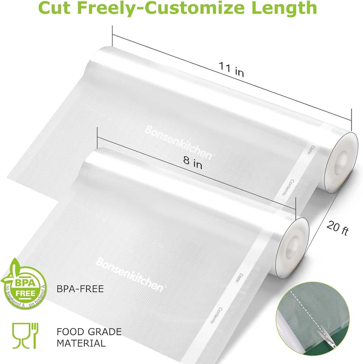 Vacuum Sealer Bags, 6 Pack 3 Rolls 11" X 20' + 3 Rolls 8" X 20' Food Sealer Bags, Food Grade, BPA Free, Customized Size Vcuum Bag for Vac Storage, Meal Prep or Sous Vide Cooking, VB3211