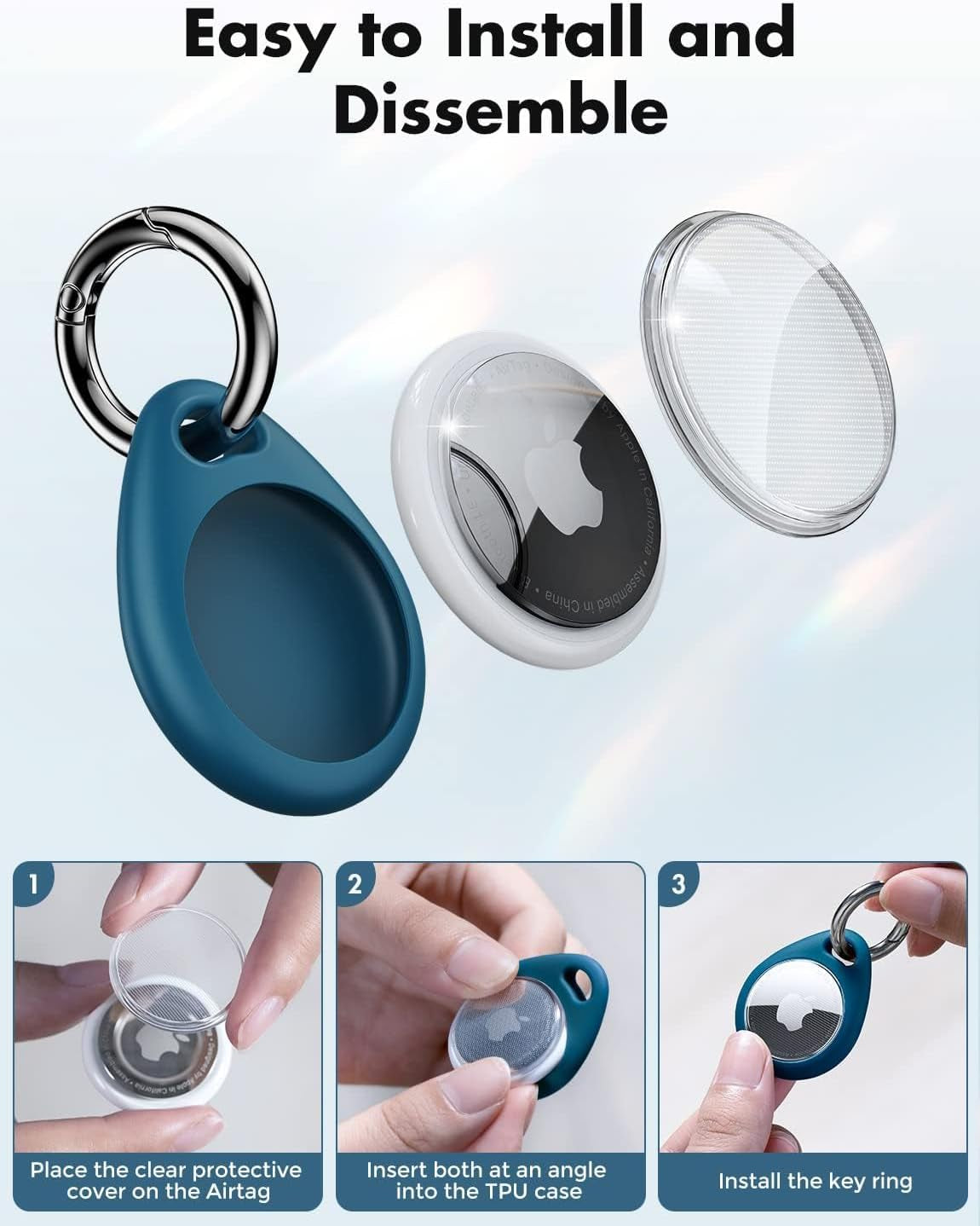 Holder for Apple Airtag - 4 Pack [Fit Tightly Design] [Easy to Install] [Hold Air Tag Securely] Waterproof TPU Shell Protective Case with All Metal Keychain Key Ring Clip