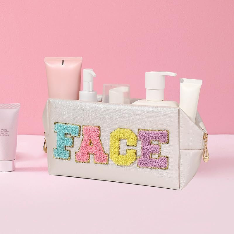 2 Preppy Patch Makeup Bag Chenille Letters Cosmetic Bag Personalized Initial Cute Face Skin Pu Leather Portable Waterproof Toiletry Bag with 1Silicone Keychain Travel Make up Bag for Women Teen Girls