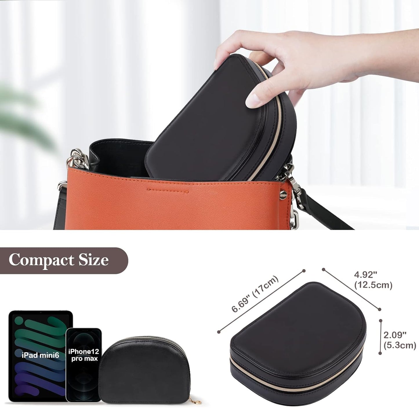 Travel Size Jewelry Box, Medium Portable Seashell-Shaped Jewelry Case, 2 Layer Jewelry Organizer in PU Leather for Women -Black