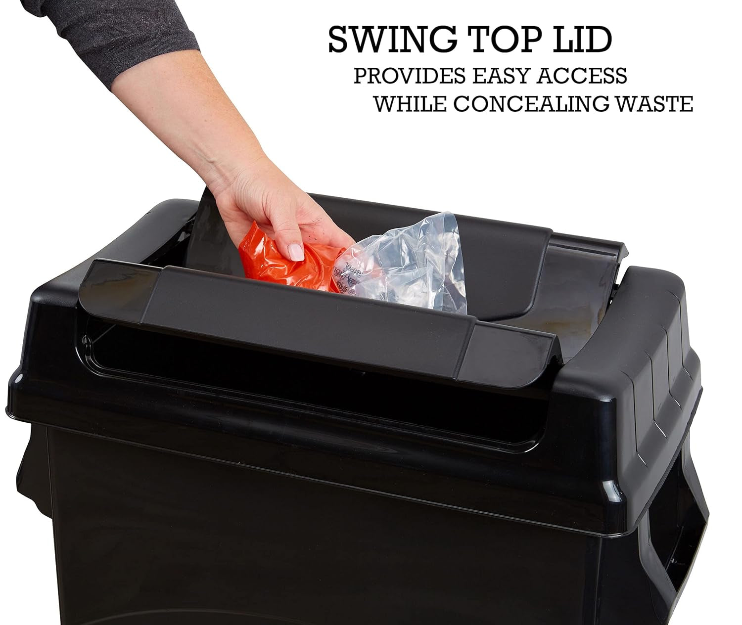 Highboy Waste Container with Swing Lid, 23 Gallon, Space Saving Slim Profile and Easy Bag Removal, Handles for Easy Carrying, Indoor/Outdoor Use, Black, 1-Pack, (TI0082)