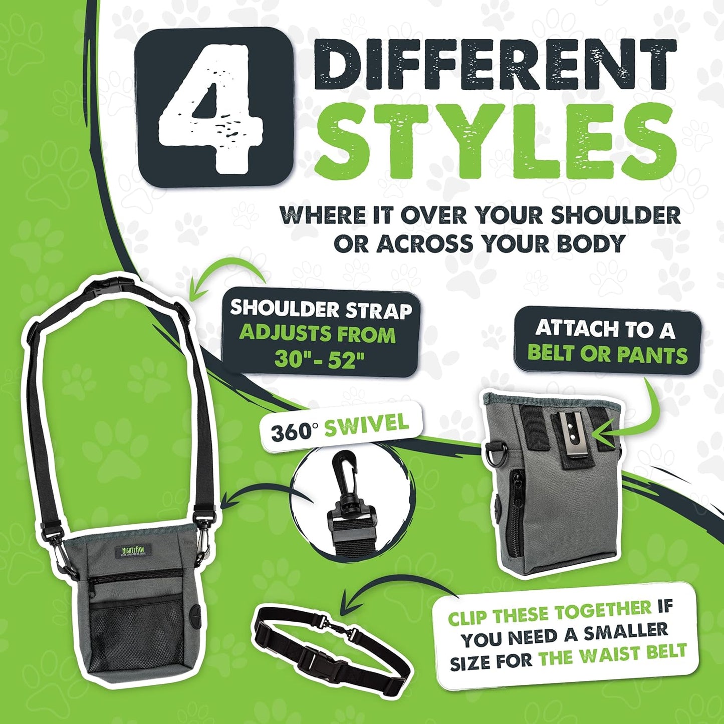 Dog Treat Pouch 2.0 | Pet Training Hands-Free Snack Bag W/Strap. Holds 2 Cups Kibble, Phone & Keys. Magnetic Clasp & Waist Belt Clip. Includes 1 Roll of Poop Bags (Green/Grey)