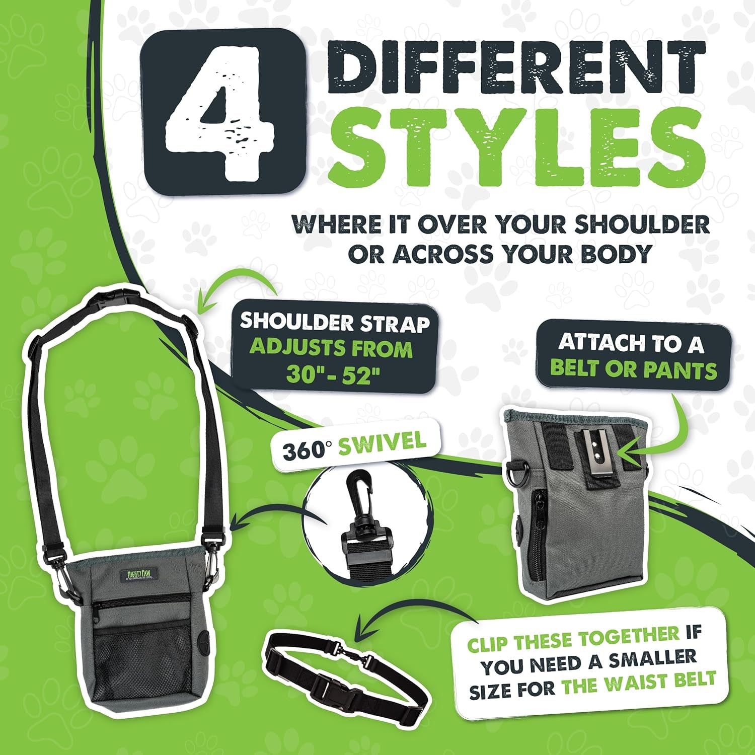 Dog Treat Pouch 2.0 | Pet Training Hands-Free Snack Bag W/Strap. Holds 2 Cups Kibble, Phone & Keys. Magnetic Clasp & Waist Belt Clip. Includes 1 Roll of Poop Bags (Green/Grey)