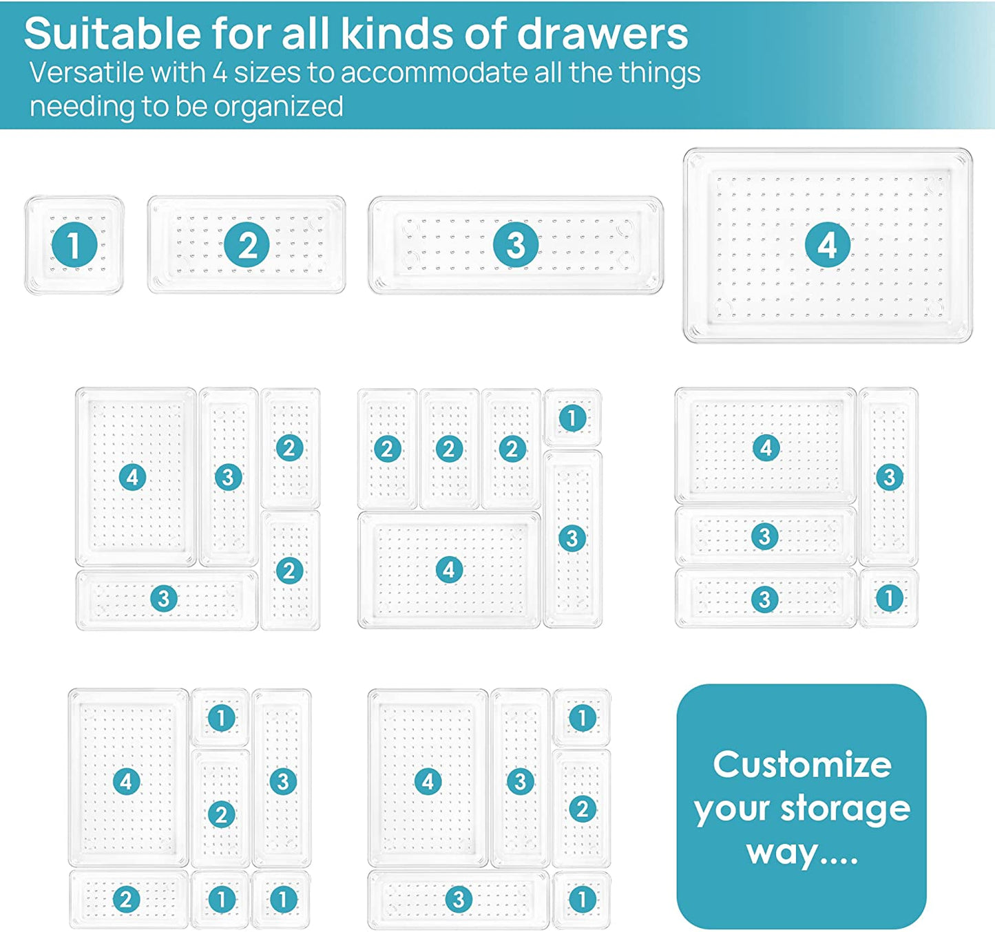 25 PCS Plastic Clear Drawer Organizer, Acrylic Desk Drawer Organizers, Organization and Storage for Makeup, Bathroom, Office, Kitchen, Bedroom