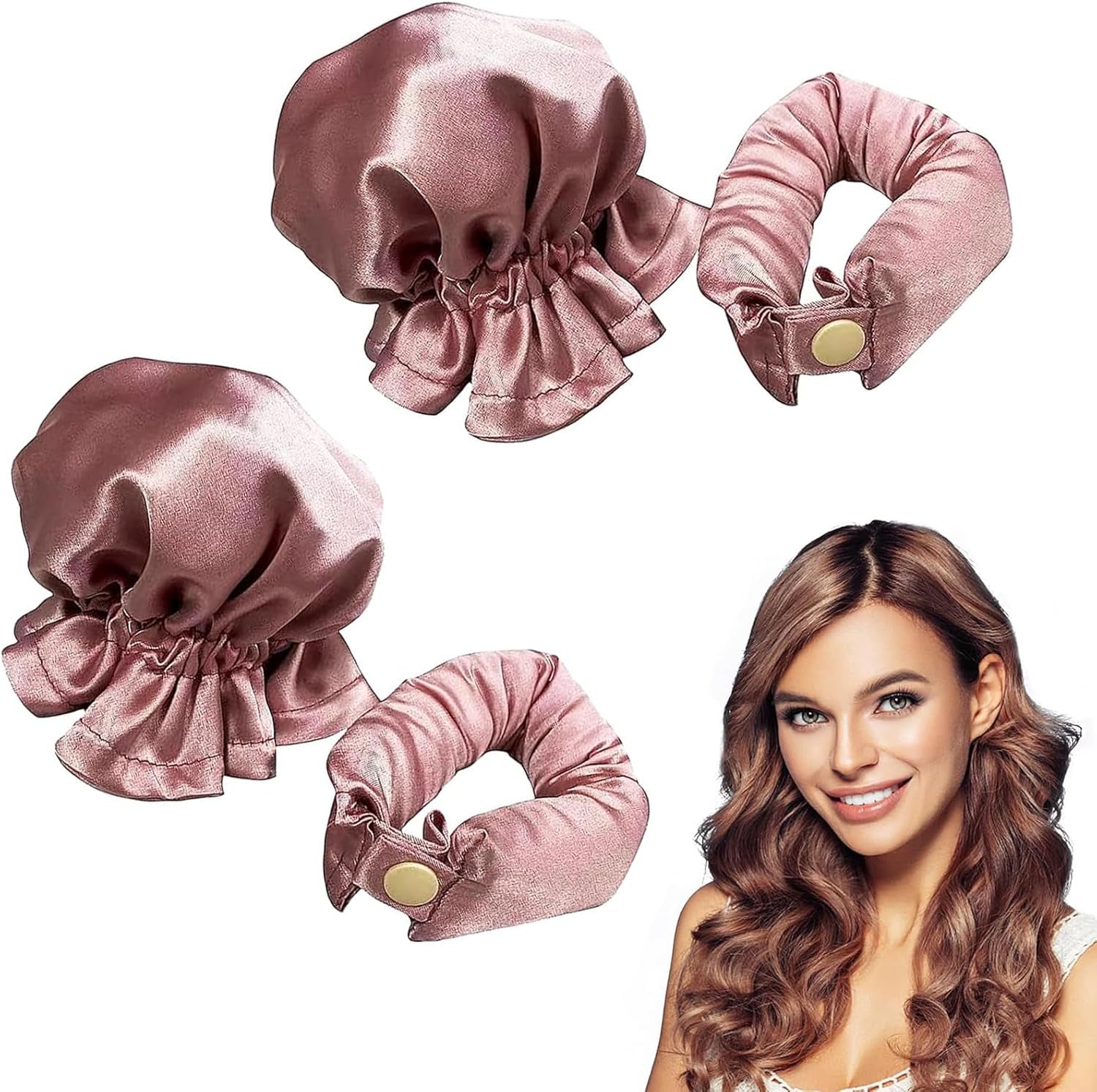 4 Pack No Heat Curls Headband and Cap, Satin Heatless Hair Curling Set for Overnight Curls, Hair Rollers Curler Hair Styling Tools for Hair Types (Pink, Large)