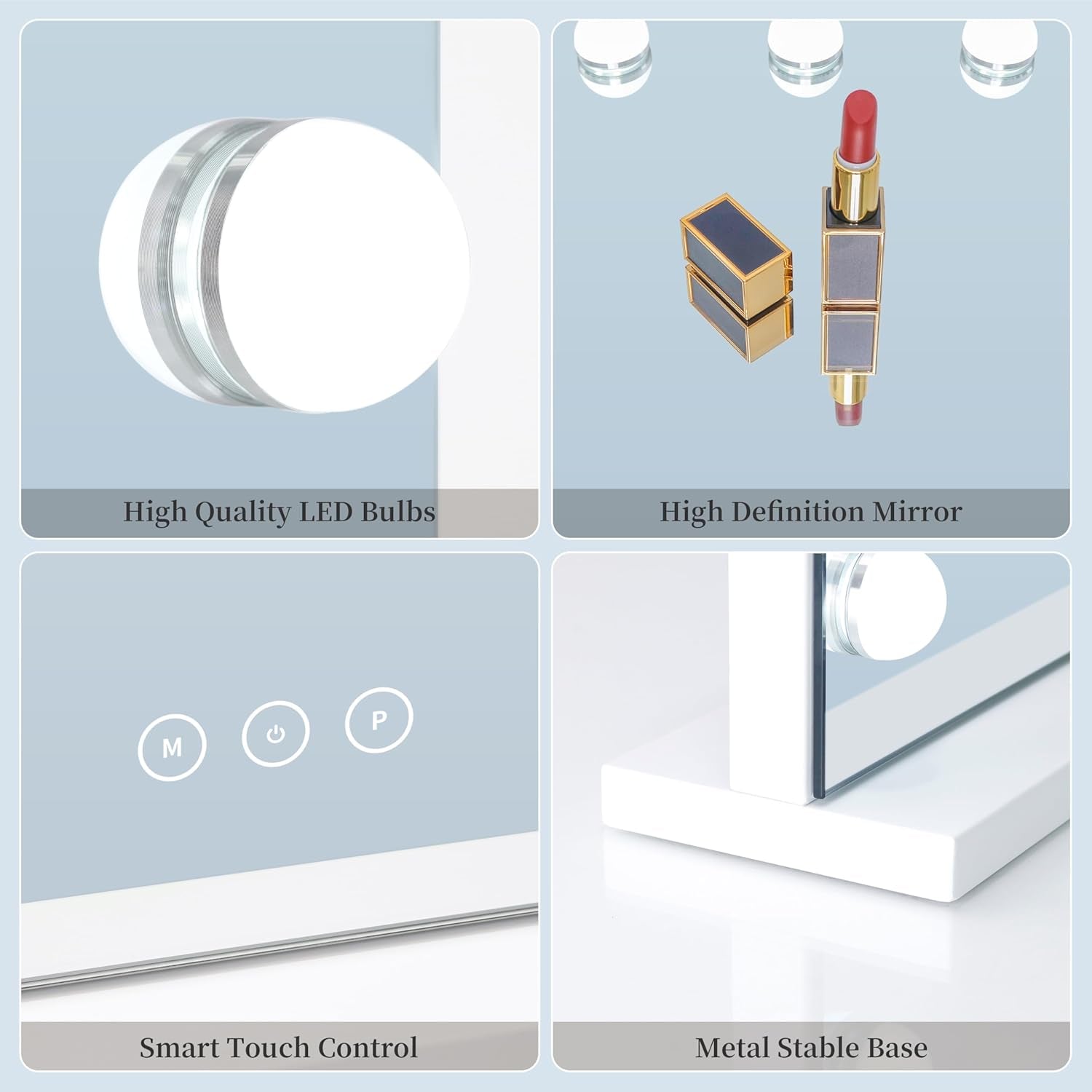 Vanity Mirror with Lights Lighted Makeup Mirror with 15 Dimmable LED Bulbs,3 Color Lighting Modes,Usb Charging Port Touch Control,Sturdy Metal Frame Design 24X18 Inch,White