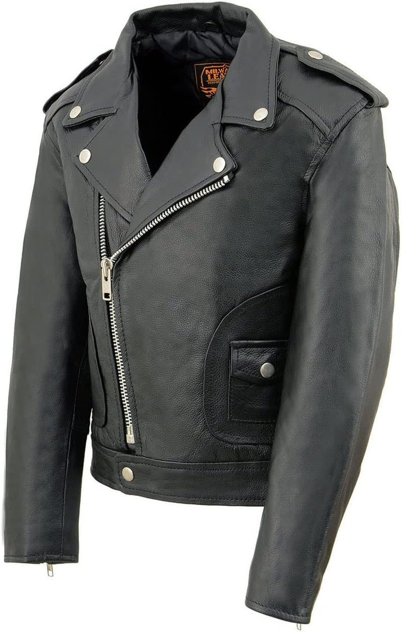 LKK1920 Boy'S Black Classic Leather Biker Jacket with Patch Pocket Style - Large