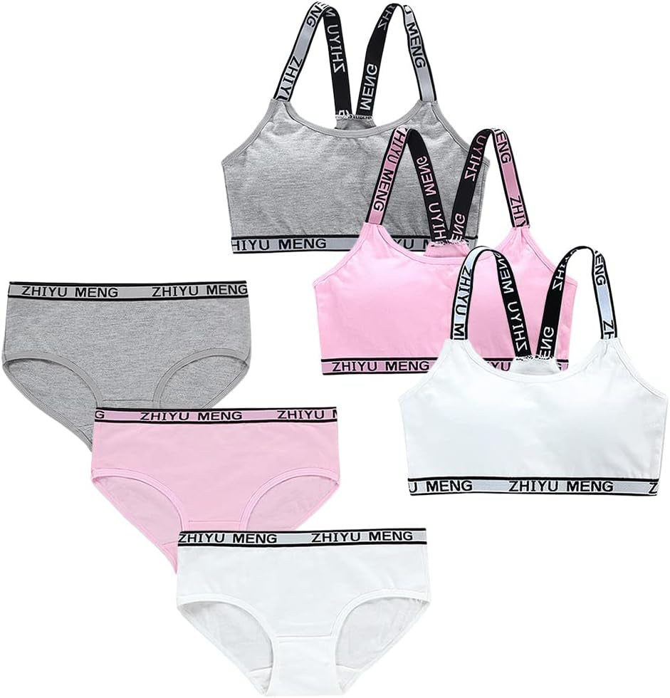 Girls’ Seamless Underwear Set - Training Bra and Matching Panties - Cotton Bralette Briefs Set Elastic (6 Piece), Type 1