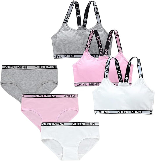 Girls’ Seamless Underwear Set - Training Bra and Matching Panties - Cotton Bralette Briefs Set Elastic (6 Piece), Type 1