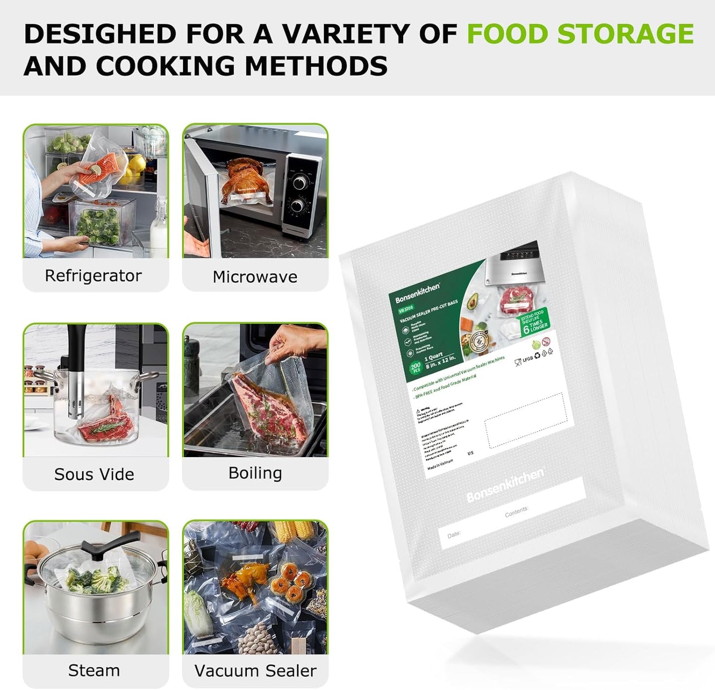 Vacuum Food Sealer Bags 200 Quart 8" X 12", BPA Free, Commercial Grade Textured Food Vacuum Sealer Bag, Thick Embossed Bags for Food Storage and Sous Vide Cooking VB3208