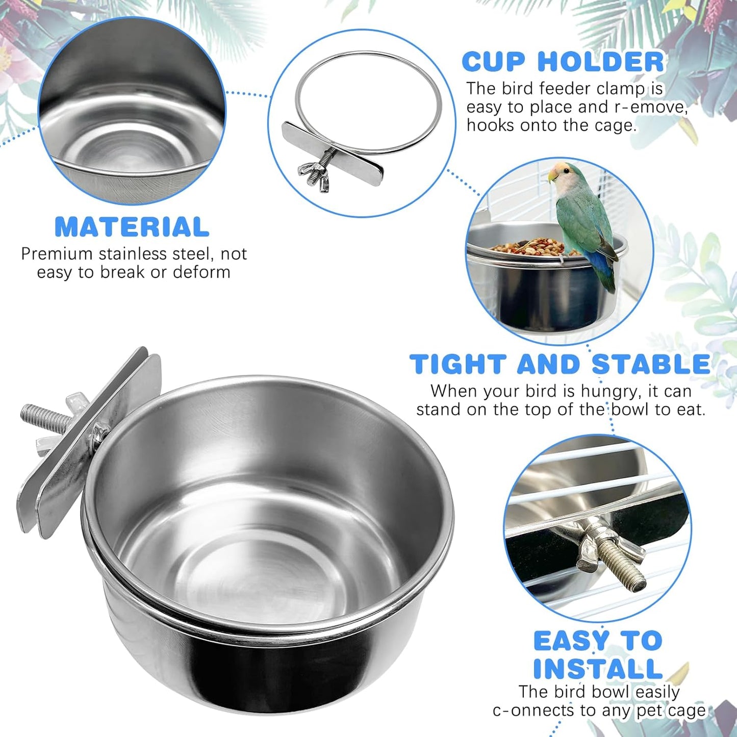 Bird Feeding Dish Cups Parrot Food Bowl Clamp Holder Coop Cup, 2PCS Bird Cage Water Bowl for Parakeet African Greys Conure Cockatiels Lovebird Budgie Chinchilla