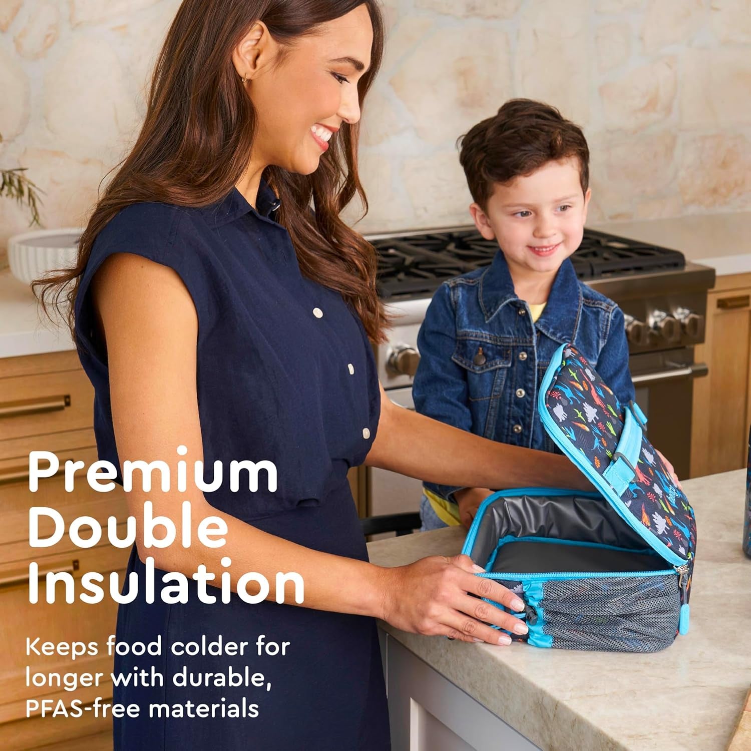 Kids Prints Lunch Bag - Double Insulated, Durable, Water-Resistant Fabric with Interior and Exterior Zippered Pockets and External Bottle Holder- Ideal for Children of All Ages (Dinosaur)