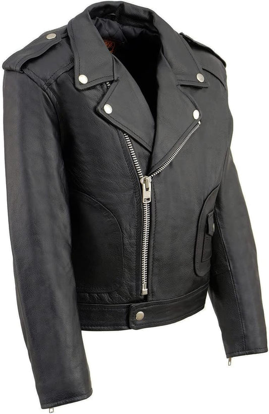 LKK1920 Boy'S Black Classic Leather Biker Jacket with Patch Pocket Style - Large