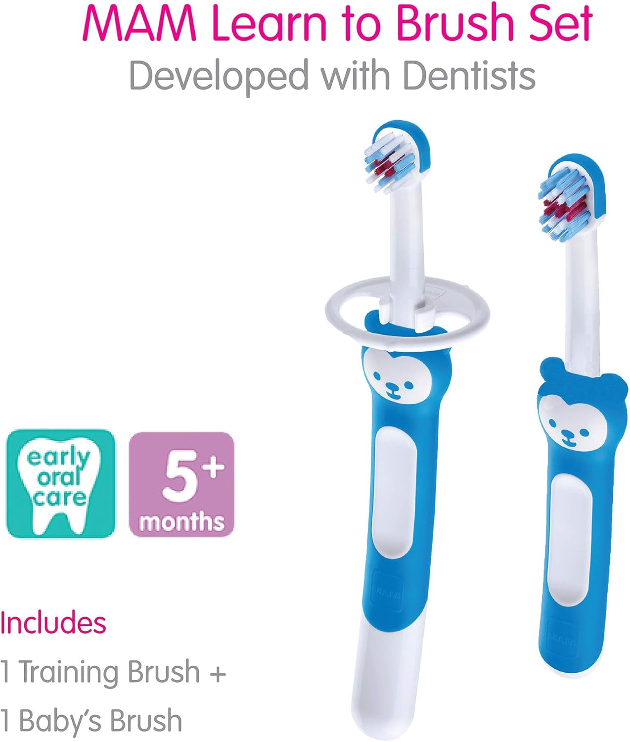 Learn to Brush Set (1 Baby'S Brush Toothbrush, 1 Training Brush, 1 Safety Shield), Baby Toothbrushes with Brushy the Bear, Interactive App, for Girls 5+ Months, Pink