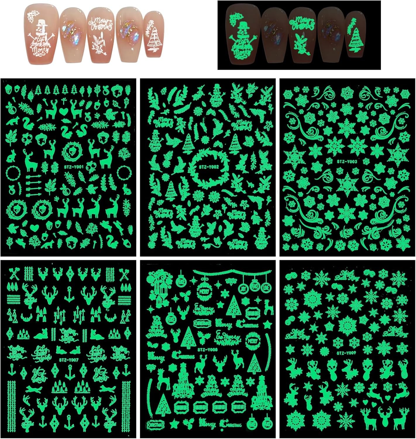 Christmas Nail Art Stickers, Decals-Embossed Snowflakes Stickers White Glitter Self Adhesive Decals-Winter Silver Supplies Nail Art Decoration (Fluorescence-C-6P)