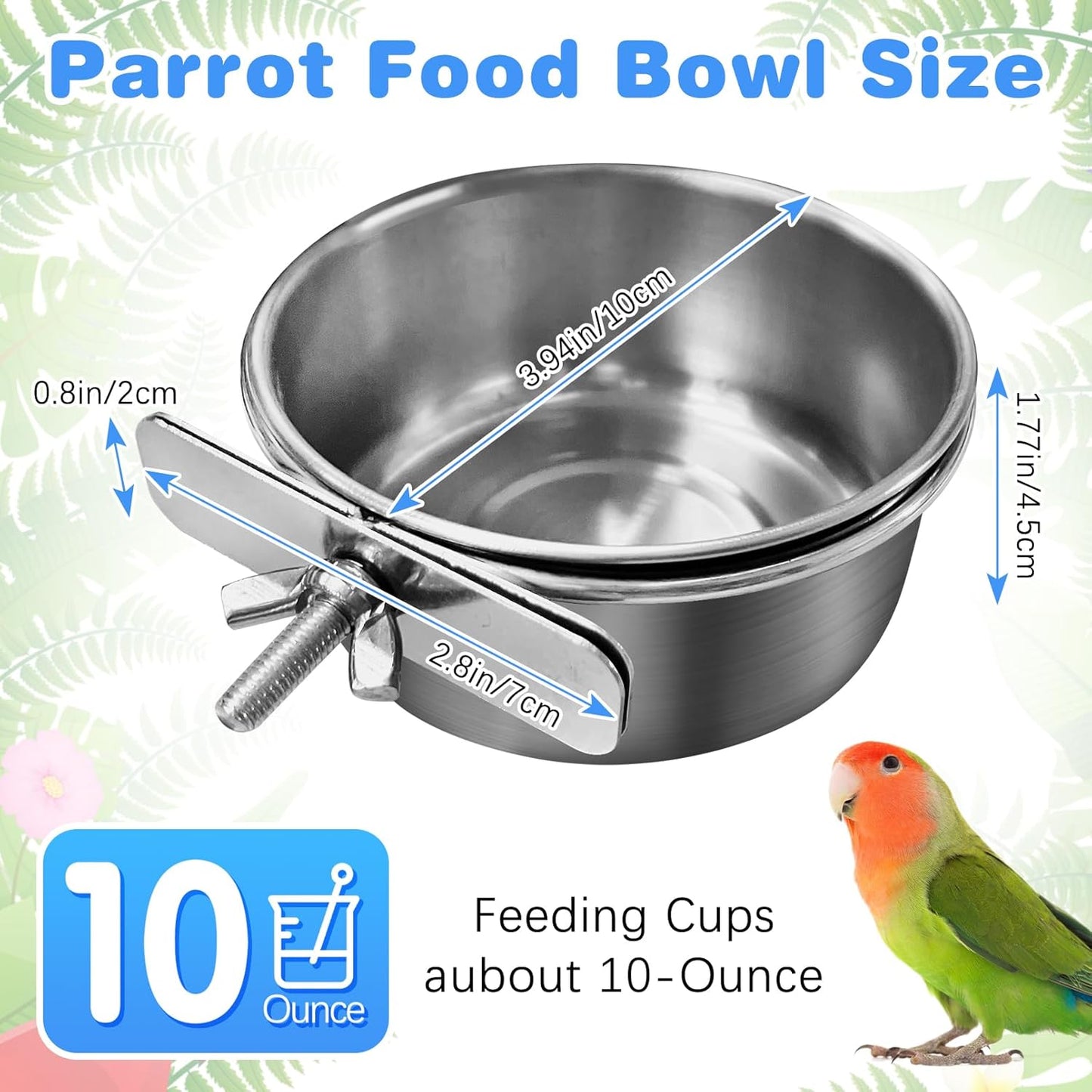 Bird Feeding Dish Cups Parrot Food Bowl Clamp Holder Coop Cup, 2PCS Bird Cage Water Bowl for Parakeet African Greys Conure Cockatiels Lovebird Budgie Chinchilla