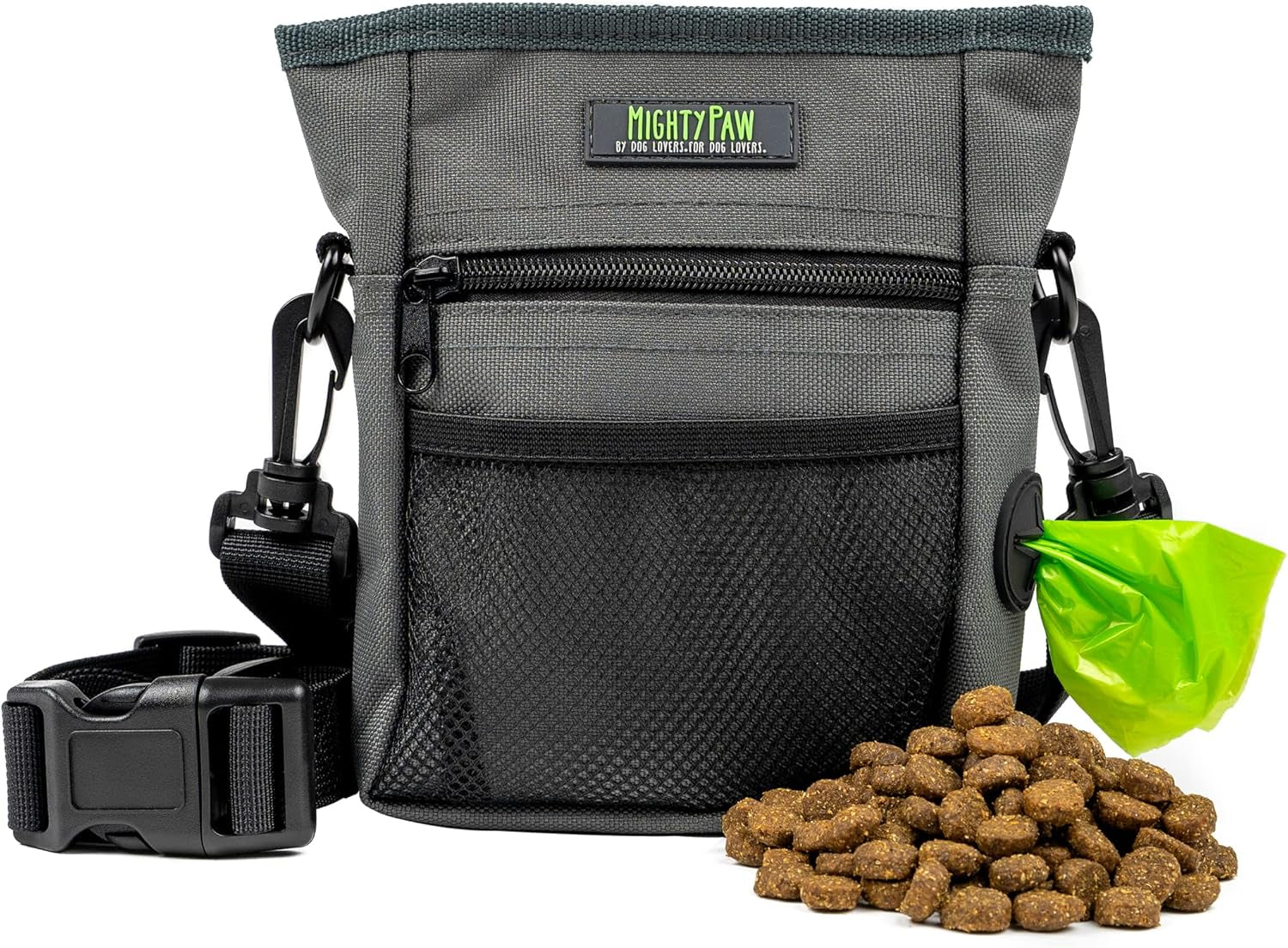 Dog Treat Pouch 2.0 | Pet Training Hands-Free Snack Bag W/Strap. Holds 2 Cups Kibble, Phone & Keys. Magnetic Clasp & Waist Belt Clip. Includes 1 Roll of Poop Bags (Green/Grey)