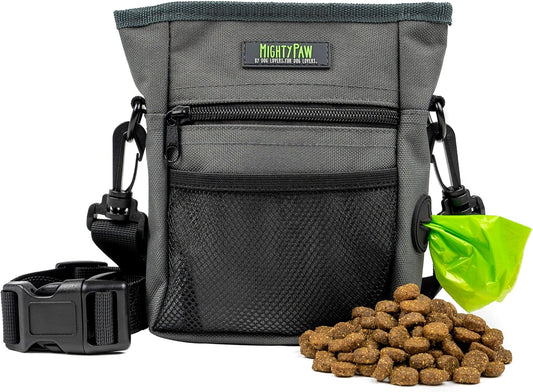 Dog Treat Pouch 2.0 | Pet Training Hands-Free Snack Bag W/Strap. Holds 2 Cups Kibble, Phone & Keys. Magnetic Clasp & Waist Belt Clip. Includes 1 Roll of Poop Bags (Green/Grey)